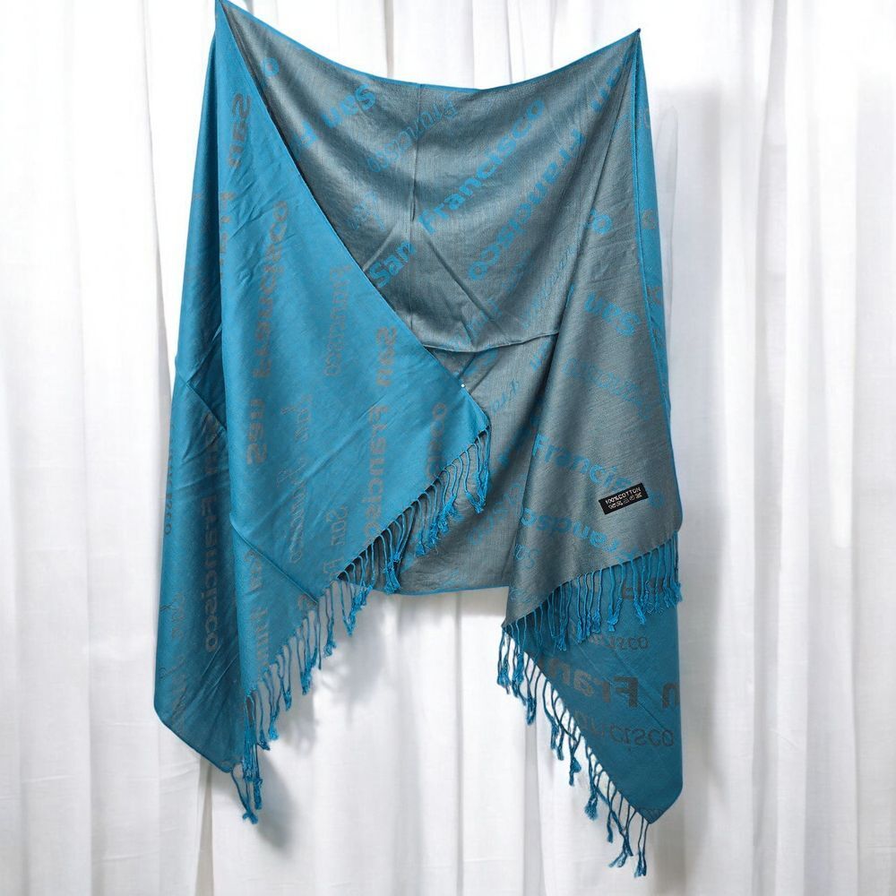 Luxury Cotton Fringe Scarf Wrap Shawl Blue‎ Gray Ombre Pattern 25.5"W x 68" L